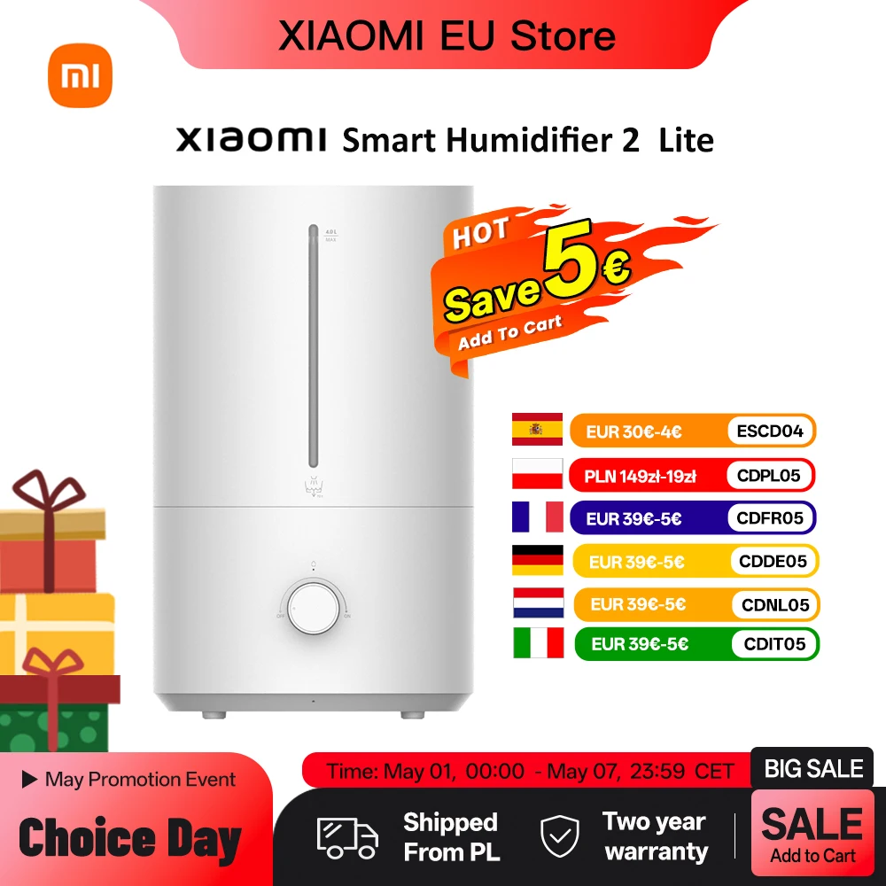 XIAOMI Humidifier 2 Lite Humidificateur avec Humidification 300 ml/h, Réservoir d'eau avec 99,9% Efficacité antibactérienne, Capacité 4 L