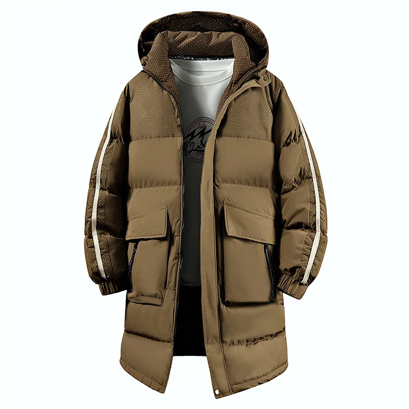 KIDWHXR Men Mid Length Parkas Jacket Contrast Color Striped Male Hooded Coat Windproof Long Sleeve Pocket Casual Man Outerwear