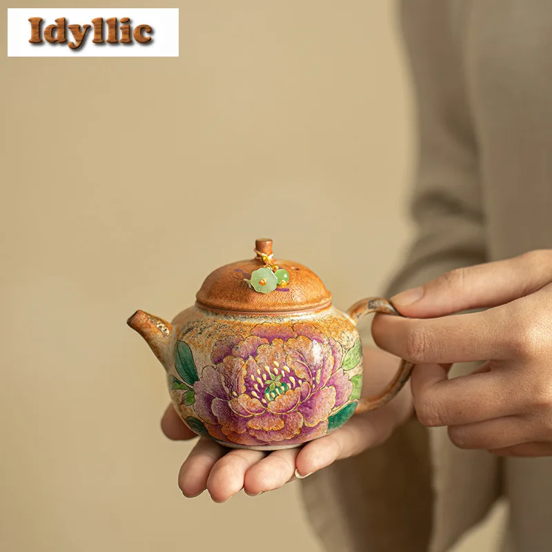 

150ml Hand-painted Peony Wood-fired Porcelain Octagonal Teapot Boutique Tea Infuser Pot Tea Maker Kettle With Ball Hole Tea Item