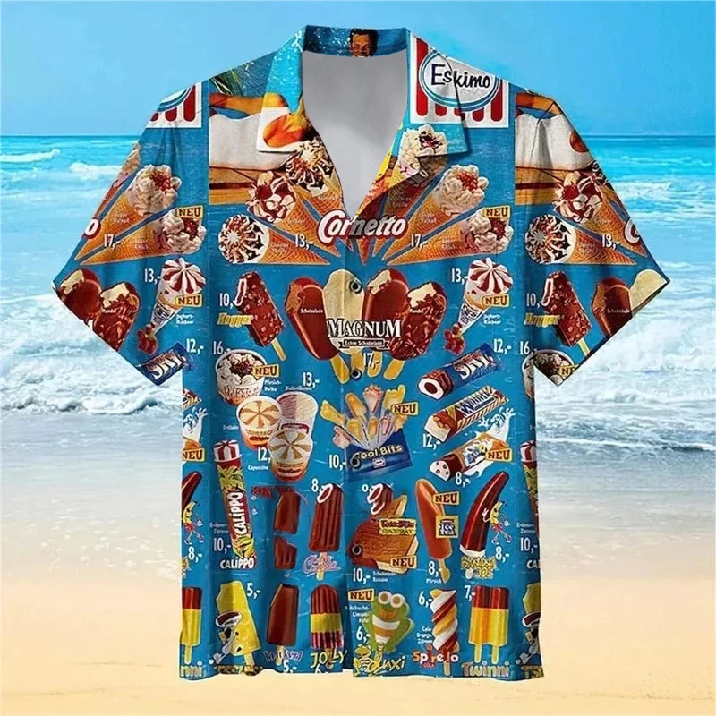 Summer Men's Ice Cream Shirt Casual Hawaiian Holiday Popsicle Lapel Shirt Single Breasted Female Beach Cool Oversized Clothing