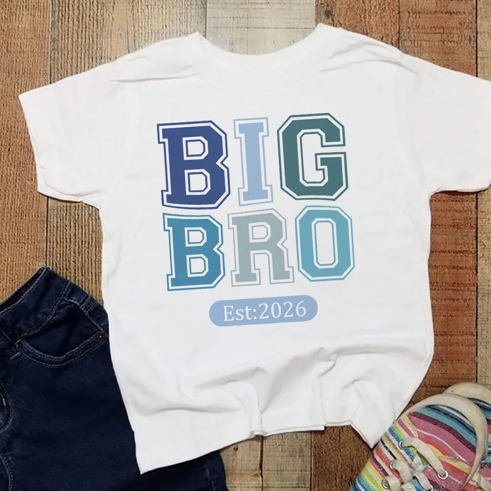 Grande irmão est 2026 impressão crianças camisas novo anúncio do bebê roupas grande irmão camiseta bebê revelar festa roupa criança camisetas