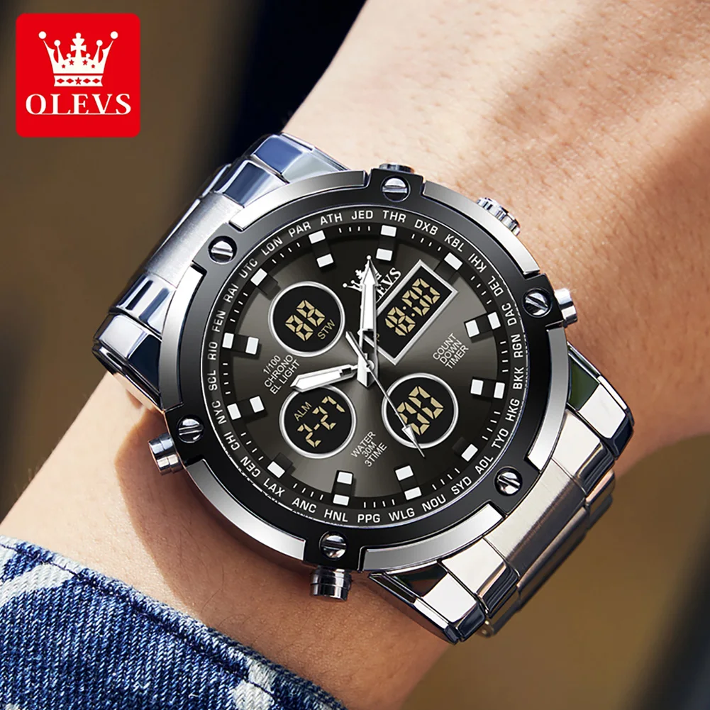 OLEVS New Fashion Dual Display Men Watches Luxury Sport Waterproof Quartz Steel Strip Electronic Watch Luminous Men Watches 1106