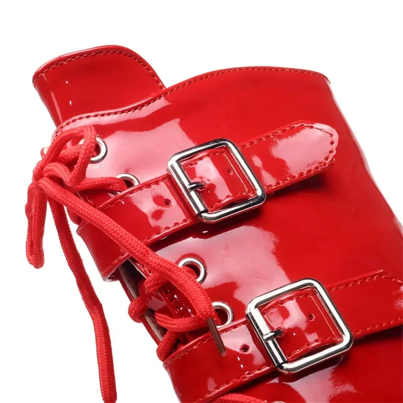 Winter Women Half Boots Platform Chunky High Heel Patent Leather Plush Buckle Lace Zipper Punk Ladies Mid Calf Motorcycle Boots