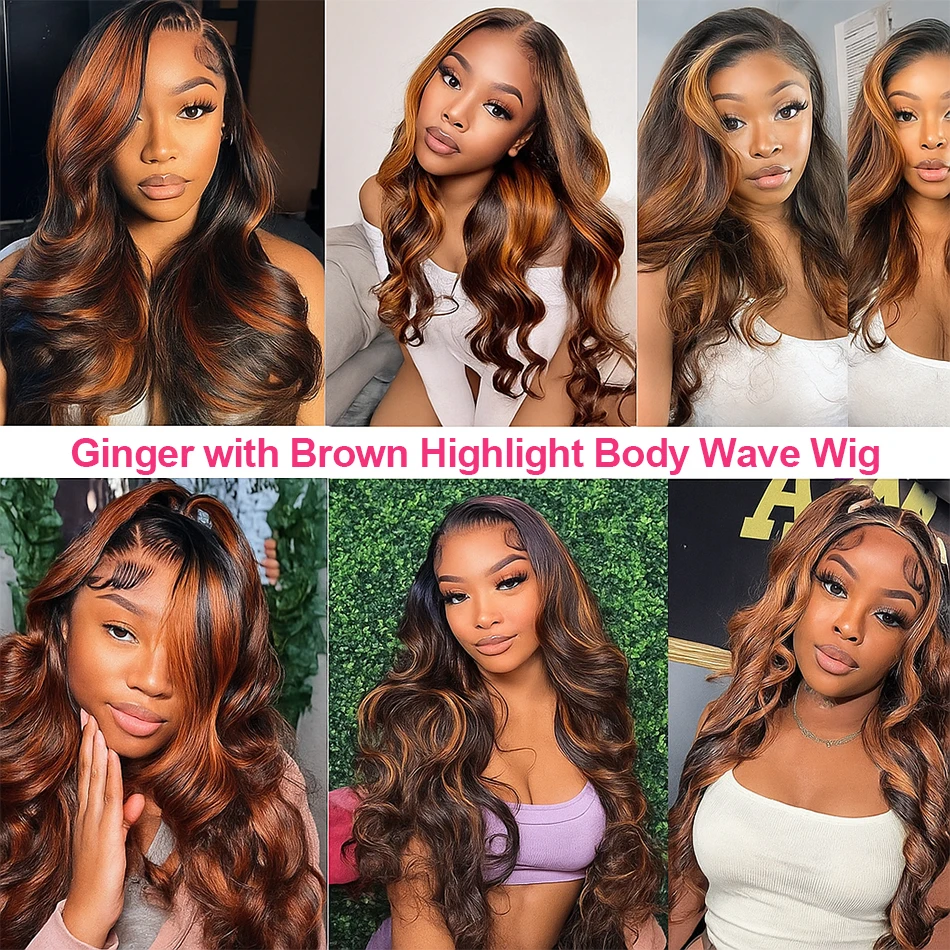 P4/350 الزنجبيل البرتقالي مع البني أومبر تسليط الضوء على شعر مستعار الجسم موجة 5x5 الدانتيل إغلاق جاهزة لارتداء خصلات الشعر المستعار الإنسان غلويليس للبيع #6