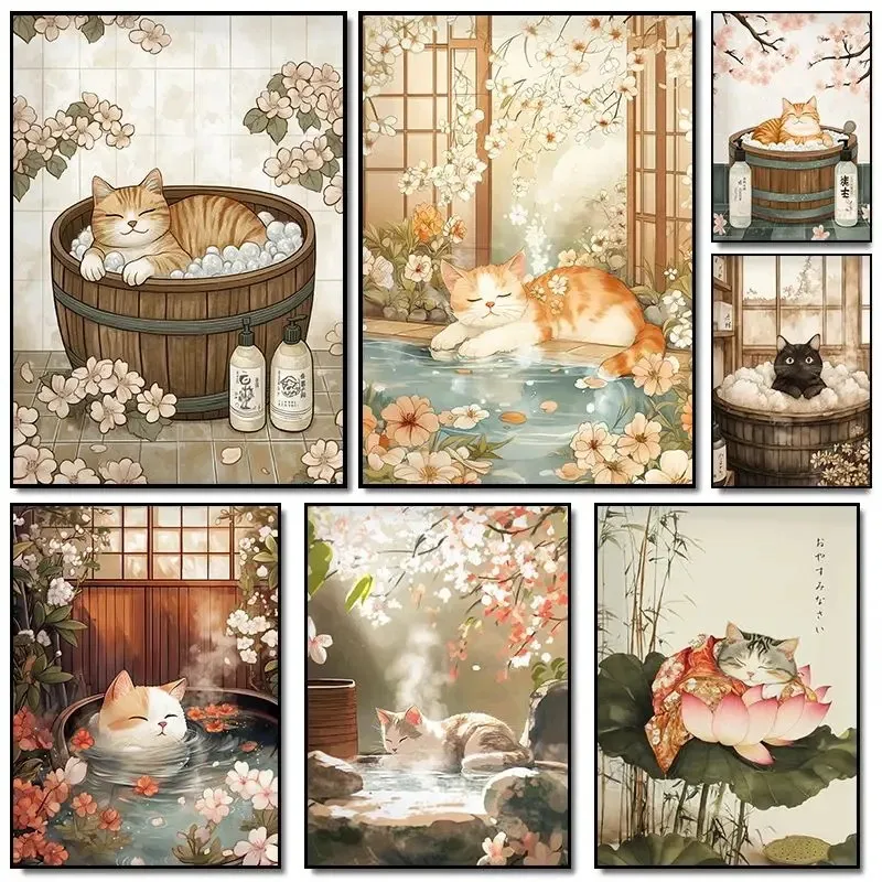 Japanese Cherry Blossom Cat Hot Spring Bath Retro Posters Prints Canvas Painting Wall Art Picture Living Room Home Decor Gift