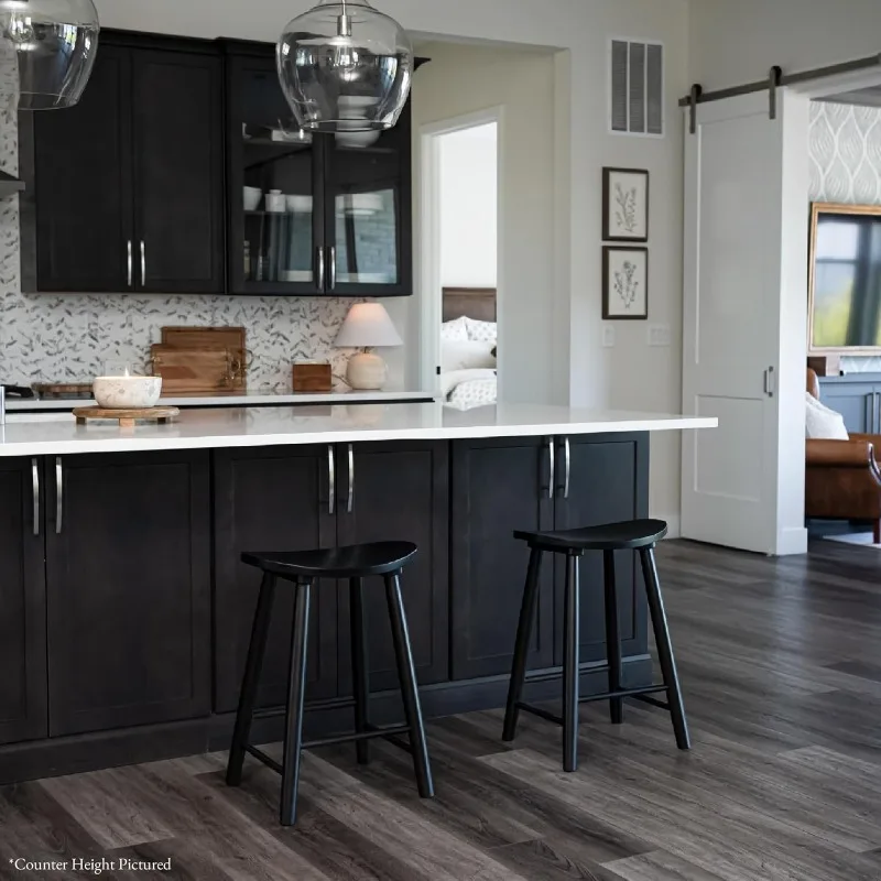 مقعد بار مقعد دائري مقاس 31 بوصة مع مسند للقدمين من الخشب الصلب الأسود بتصميم موفر للمساحة للحانات وبار الإفطار #4