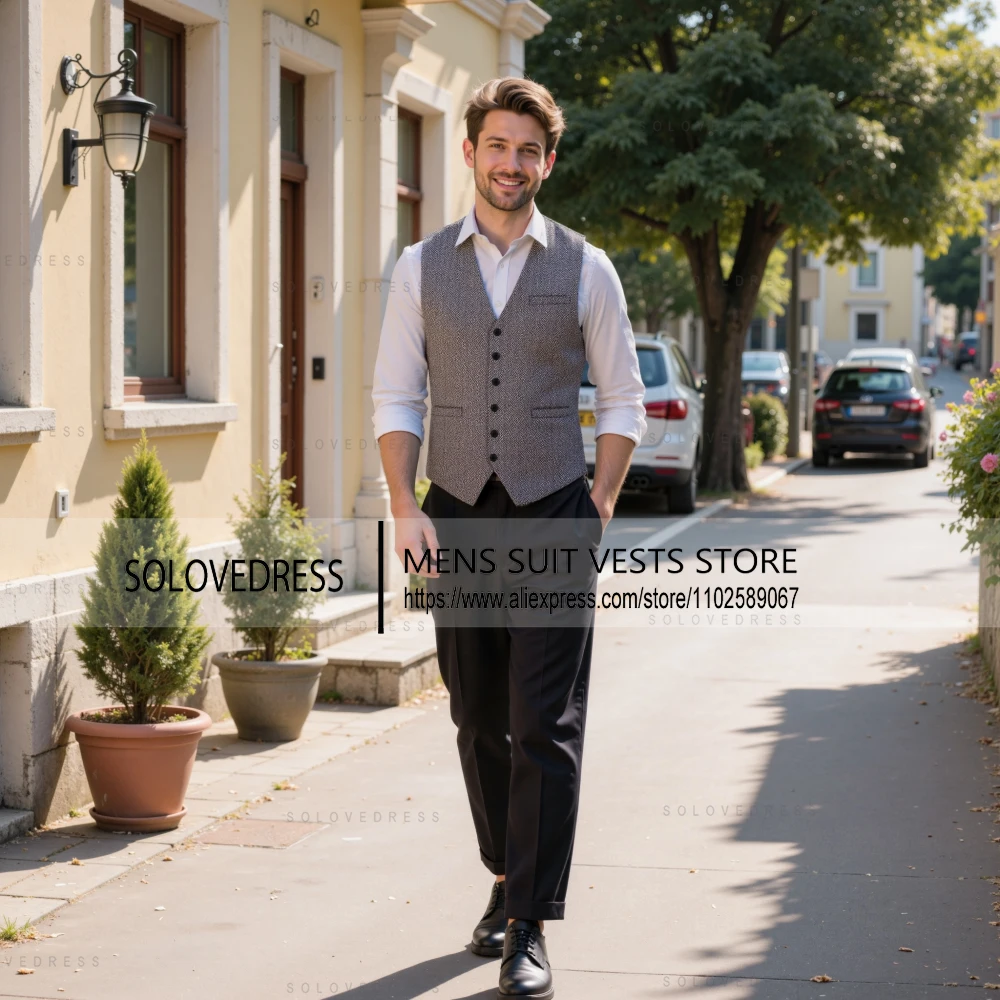 Men's Vest V Neck Herringbone Waistcoat Single Breasted Slim Fit Wedding Men's Vest For Jacket