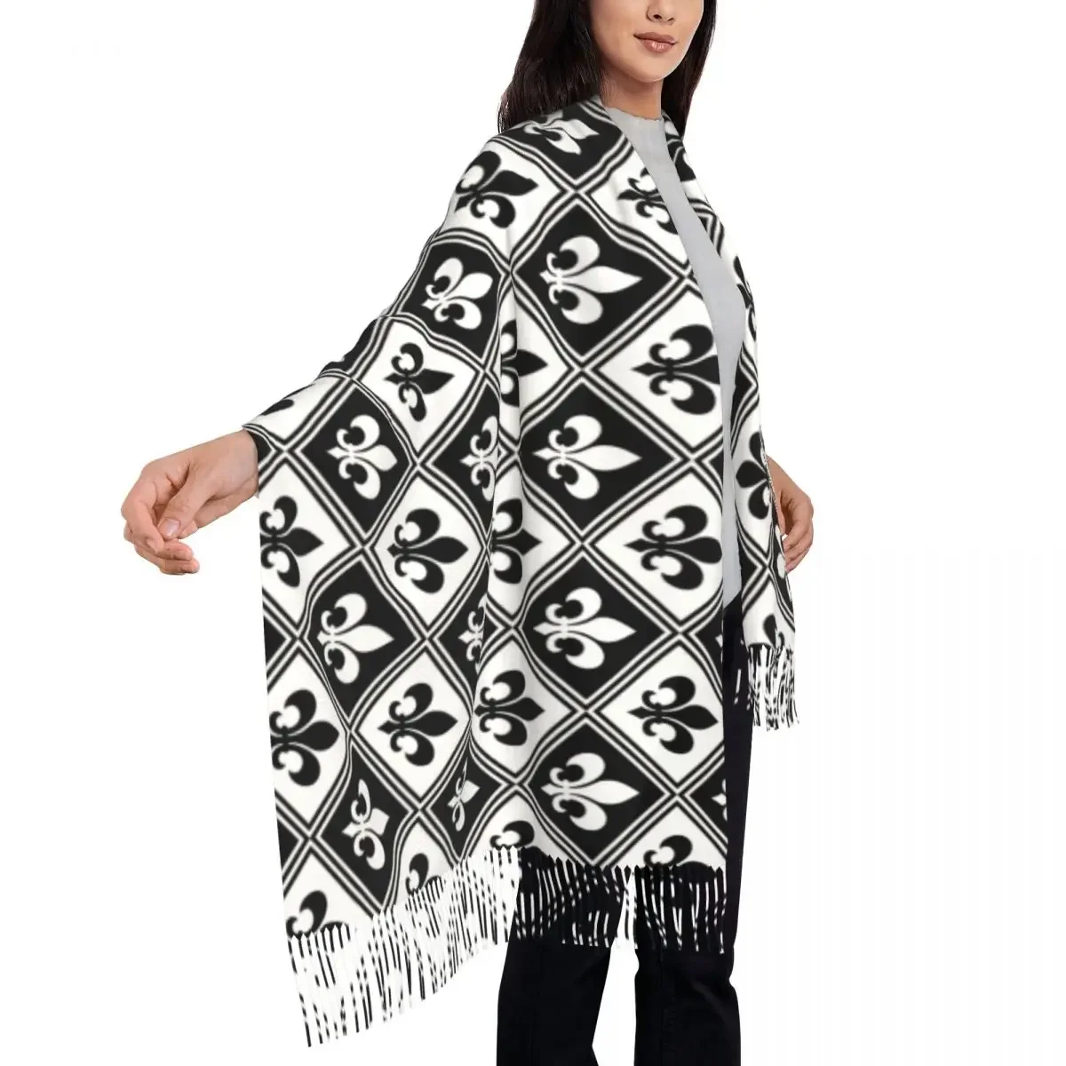 Black Fleur De Lis And Diamond Pattern Scarf Wrap Women Long Winter Fall Warm Tassel Shawl Fleur-De-Lys Lily Floral Scarves