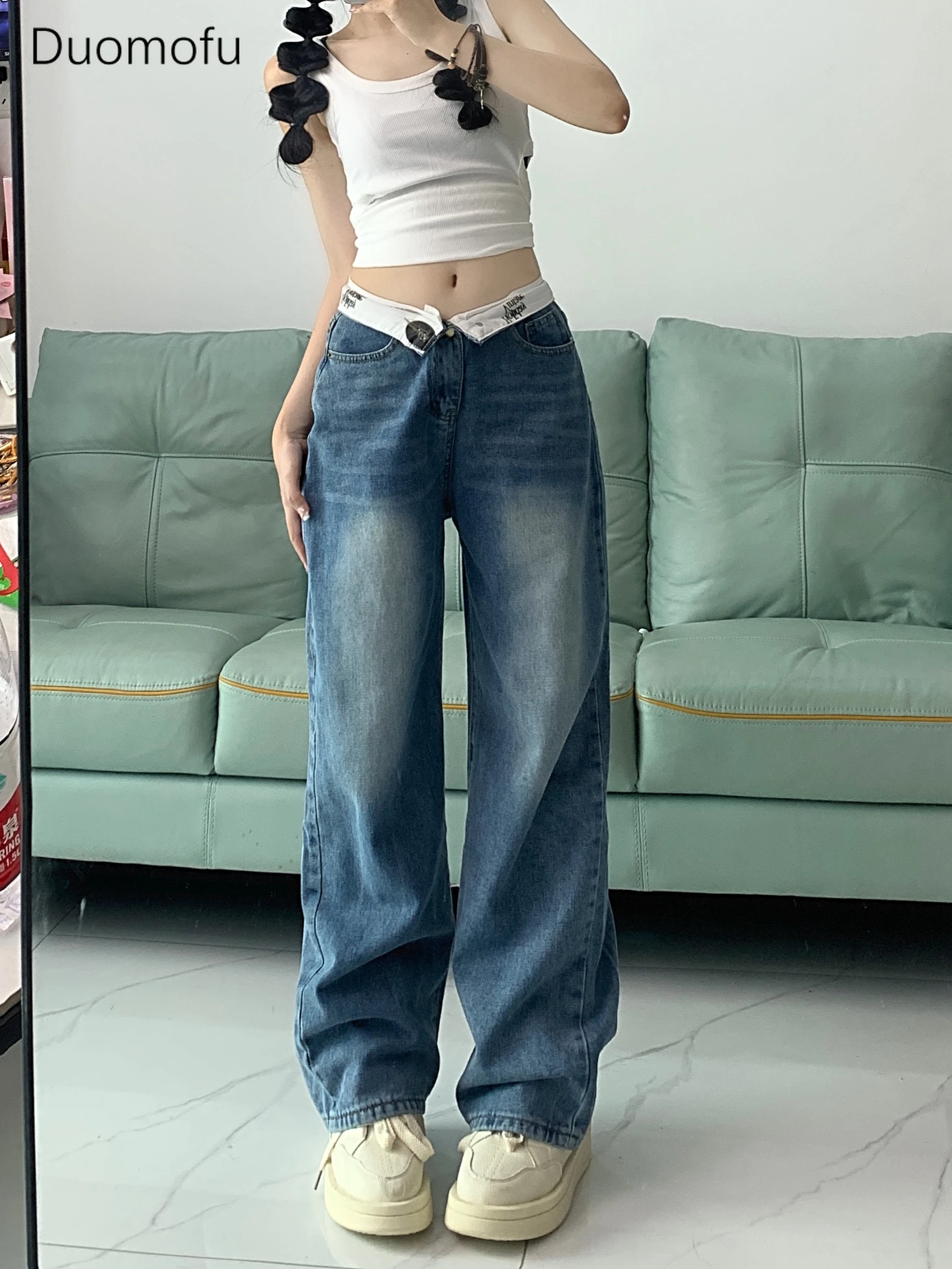 Duomofu blau schicke Brief manschetten lose gerade weibliche Jeans Sommer neue grundlegende hohe Taille schlanke einfache lässige Mode Frauen Jeans