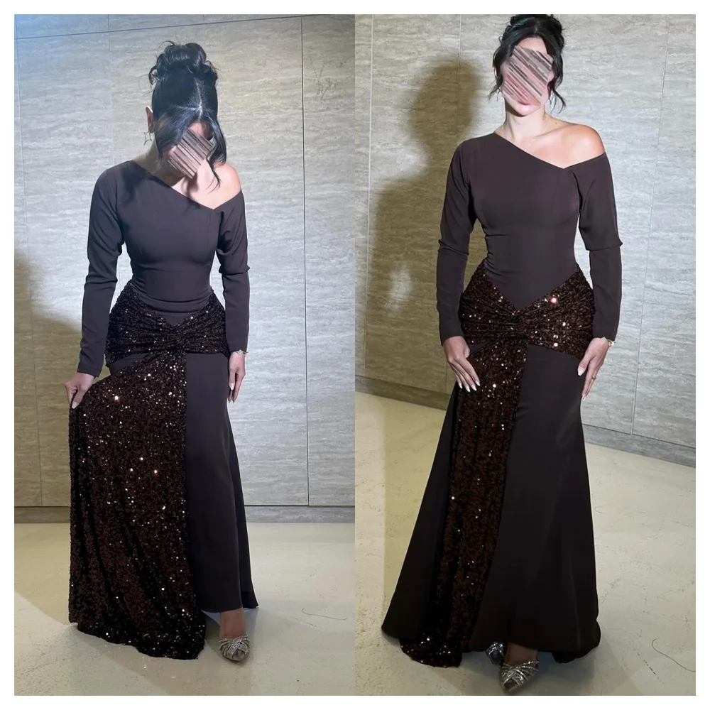 

Customized Fashion Jersey Evening Dress Modern Square Collar Long Sleeves Party Dress Classic Floor Length Celebrity Gowns