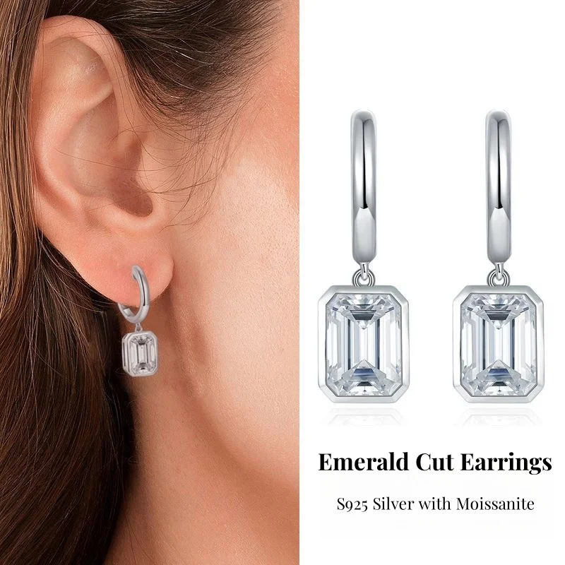 

Emerald Cut Earrings S925 Silver with Moissanite Sugarloaf Drop Earrings Dangling Earrings Ladies' Jewelry Women's Jewellery