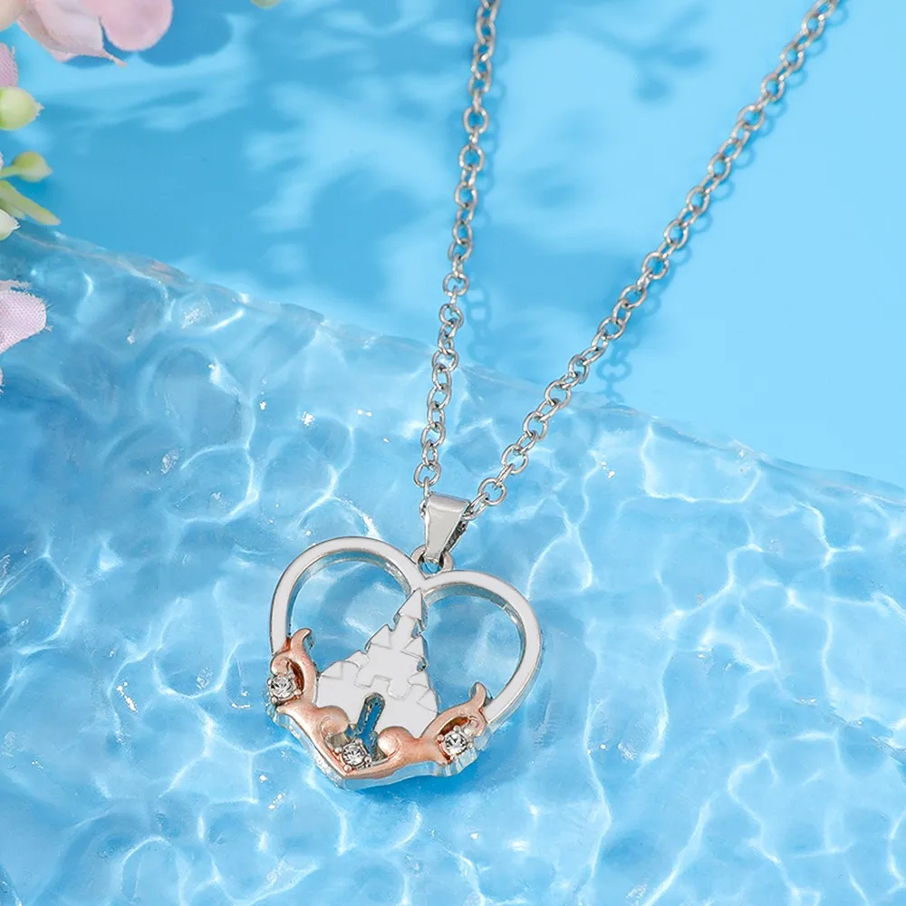 Heart Shape Castle Pendant Necklace Two Tone Metal Inlaid Rhinestone Hollow Heart Castle Jewelry Gift for Girls Women