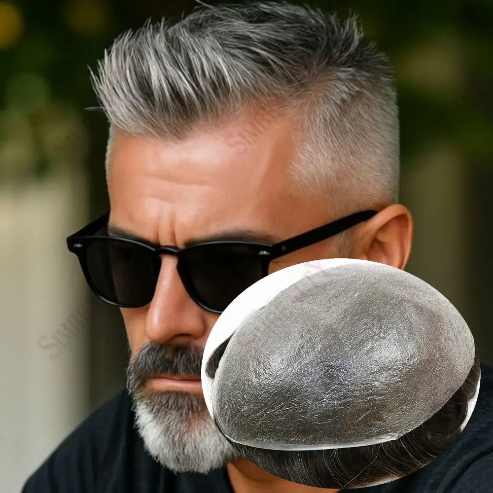 80% الكثافة 0.02 مللي متر أنحف الجلد قاعدة غير مرئية الرجال الشعر المستعار الأوروبي الشعر البشري 1b50 # 1b20 بدلة شعرية للرجال أشقر رمادي #1