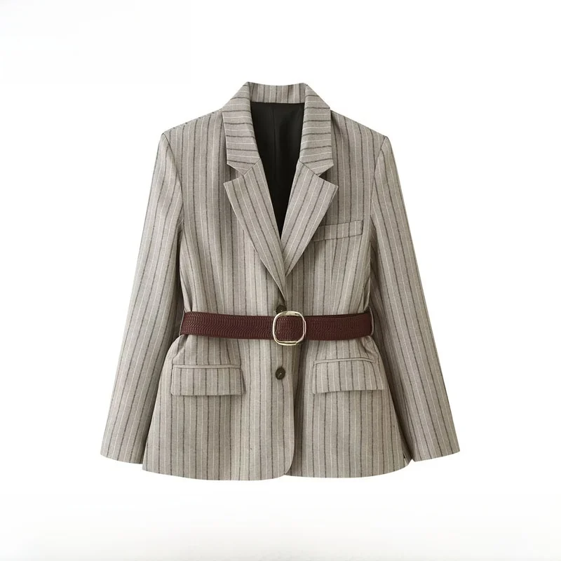 Fashionable Women's Checkered Suit Jacket with Belt New Spring Summer Polyester Fiber Short Style Dark Button Closure