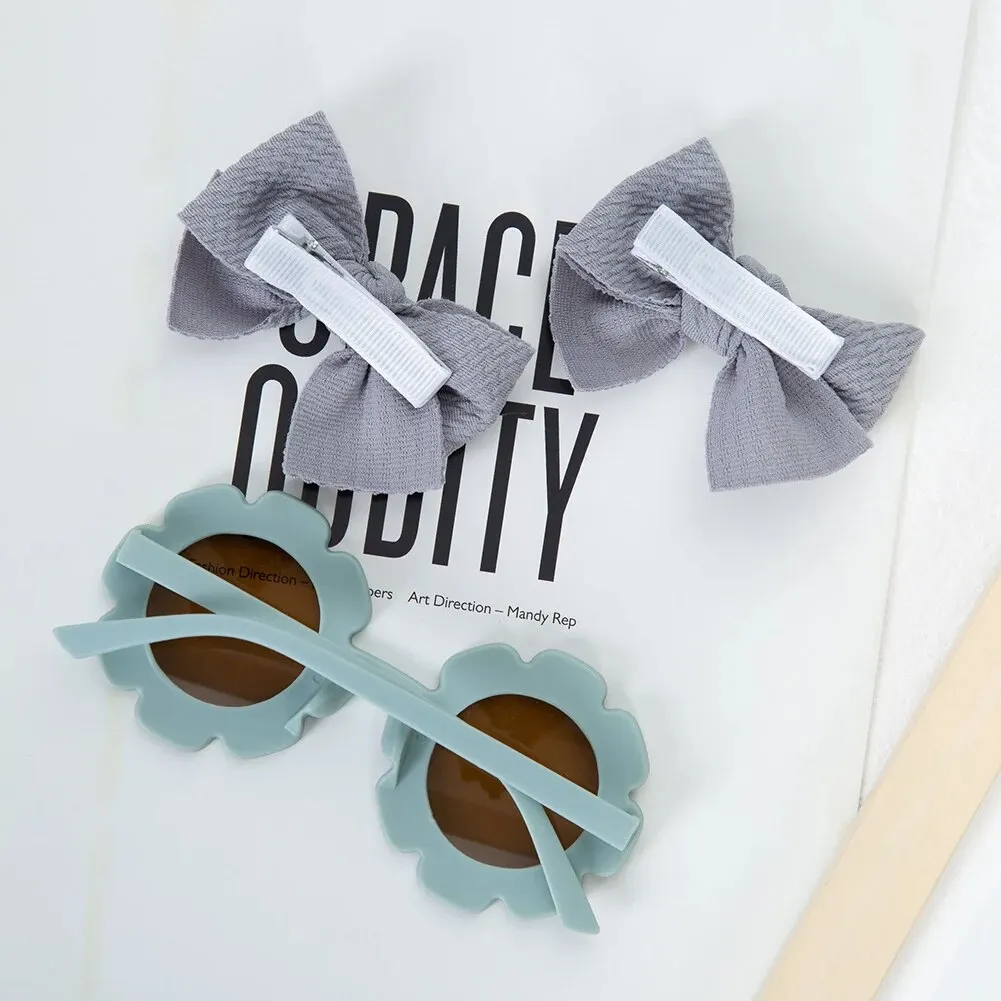 3Pcs/Card Flower Sunglasses with 2pcs 8.5cm Baby Hair Clips Set Bullet Fabric Princess Girl Hair Bow Hairpins Kids Sun Glasses