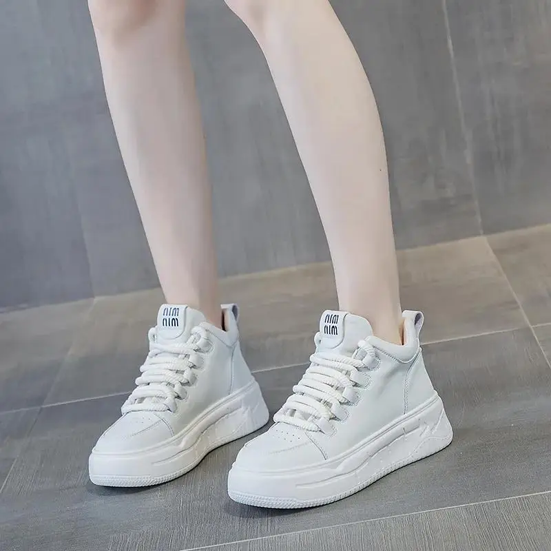 High top raised casual board shoes for women in autumn and winter 2023, genuine leather durable thick soles small white shoes