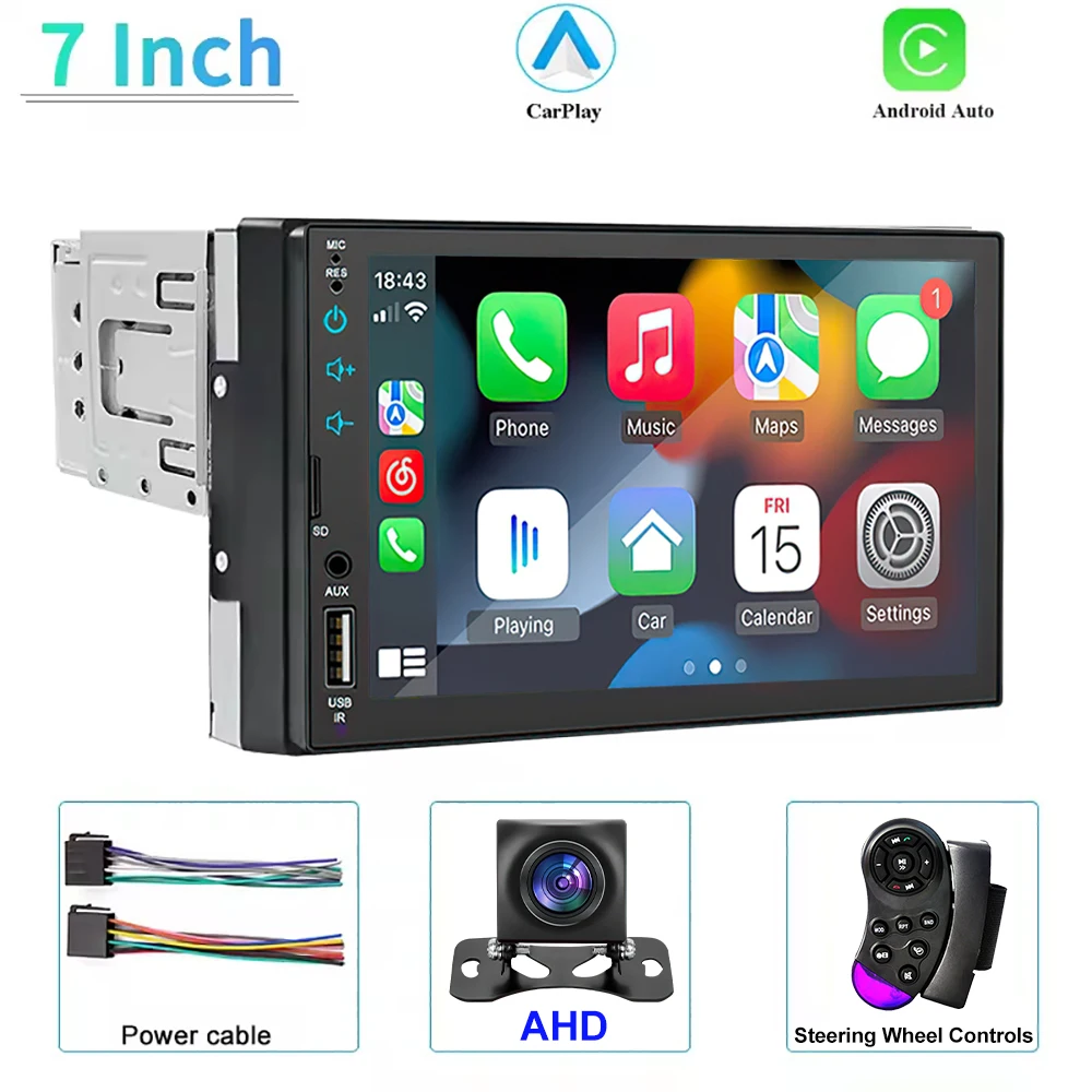 1 Din Carplay Autoradio Multimedia 7 ''IPS Touchscreen Bedraad Carplay Android Auto Bluetooth USB SD Universele Autoradio 1din mp5 - afbeelding 1