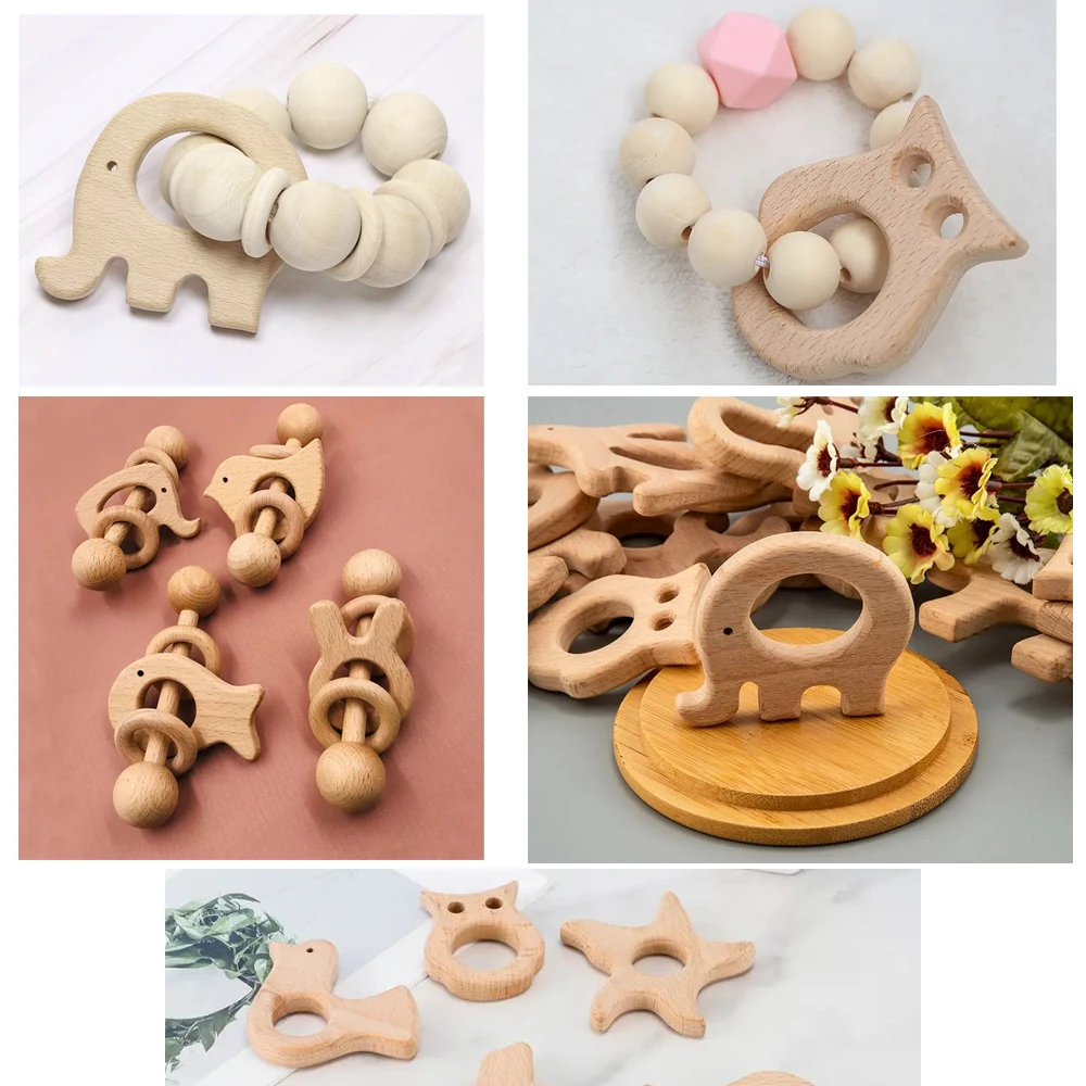 1/3/5Pcs Wooden Teether Safe Bird Elephant Plant Hedgehog Rodent Pacifier Pendant Wooden Toys DIY Necklace Gift BPA Free Beech