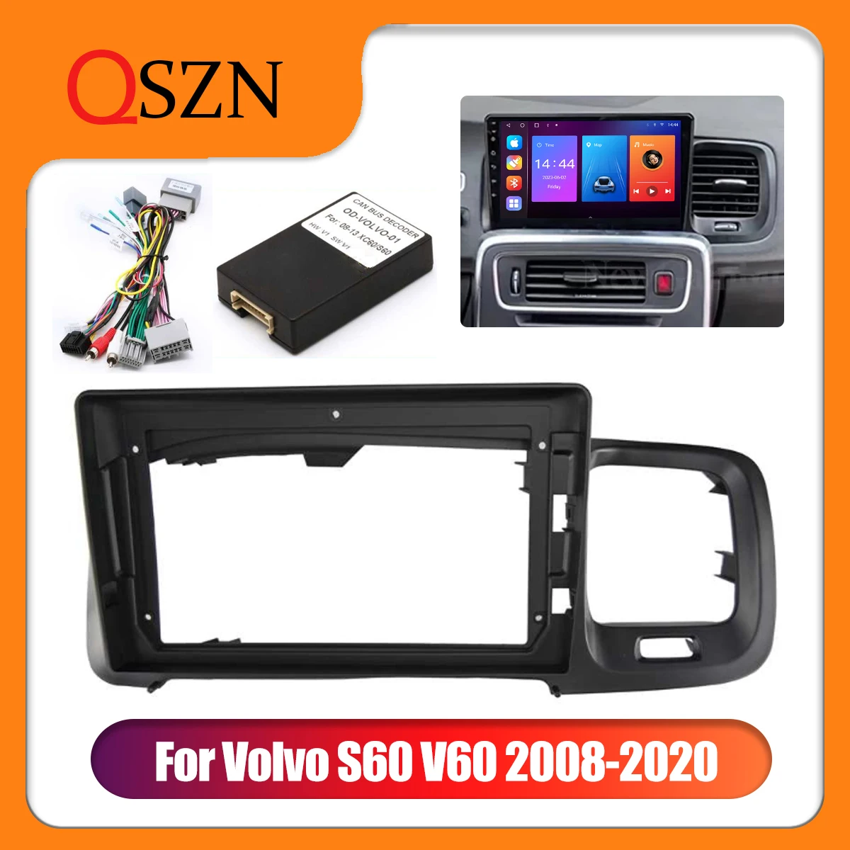 QSZN 2 Din 9 Inch Car Radio DVD GPS PC ABS Plastic Fascia Panel Frame and Cable for Volvo S60 V60 2008-2020 Dash Mount Kit