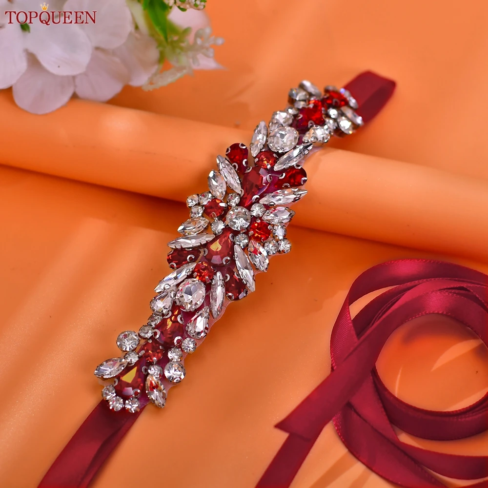 

TOPQUEEN Romantic Red Rhinestone Banquet Dress Belt Wedding Bridal Belt Holiday Dress Decoration Accessories Women's Sash S160