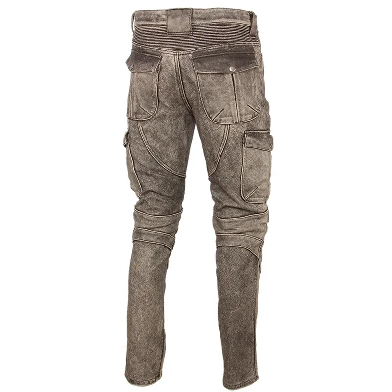 Motorcycle Leather Trousers Men Leather Pant Thick 100% Cowhide Vintage Grey Brown Black Men's Moto Biker Pants Winter 4XL M216