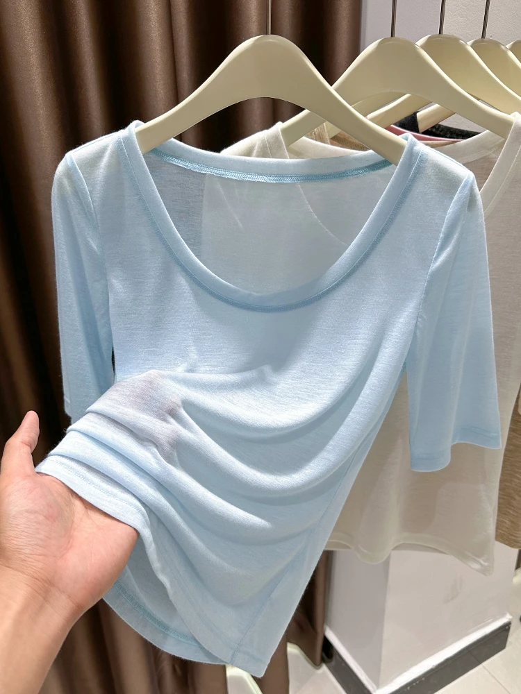 تي شيرت كوري محبوك من الحرير الجليدي ort Sve تي شيرت نسائي صيفي منخفض Ne round Ne Base irt أزرق اللون Blo كبير مستدير N... #1