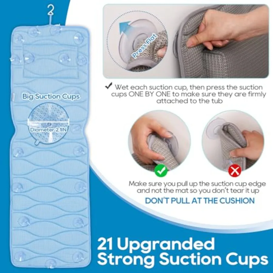 

Full Body Bath Pillow, Bath Pillows for tub with Mesh Washing Bag & 21 Non-Slip Suction Cups, Spa Bathtub for Head Neck Shoulder and Back Support - 5D Air Mesh & Quick Drying | Blue