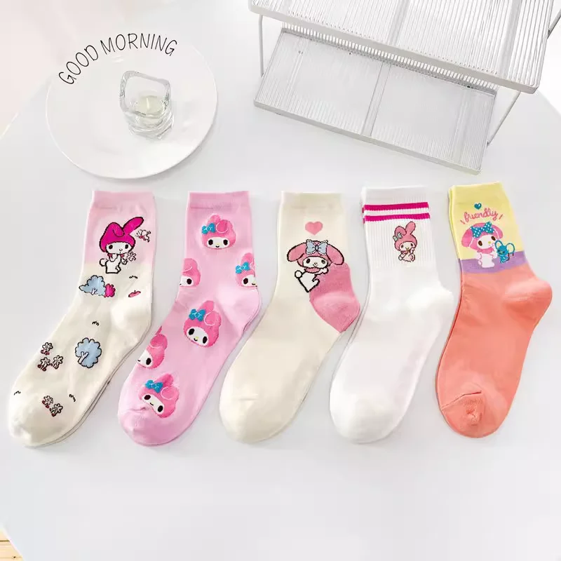 

5Pcs Sweet My Melody Anime Kawaii Sanrio Children Baby Socks Cute Cartoon Cotton Female Ins Stockings Lovely Gifts for Kids