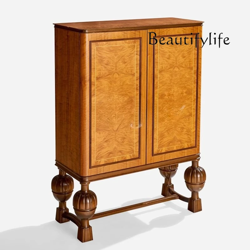 

American retro solid wood club medieval all solid wood dining side cabinet storage ash wood teak color door cabinet