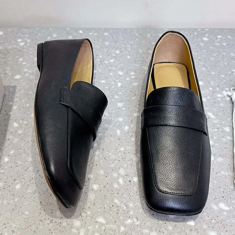 

New Square Toe Genuine Leather Solid Color Retro Loafer Women Shallow Mouth Single Shoes Spring Autumn Versatile Flat Shoes