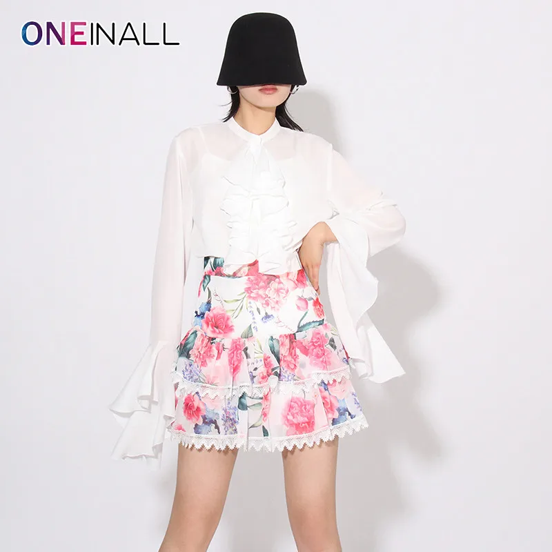 ONEINALL Minimalist Loose Shirts For Women Round Neck Flare Sleeve Patchwork Ruffles Folds Casual Blouse Female Spring 2024 New