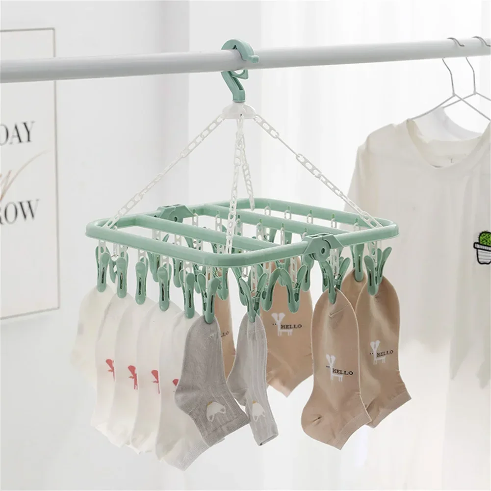 Household Folding Clip Hanger With 32 Drying Clips Multifunctional Drying Rack Clothes Dryer Windproof Socks Underwear Rotating