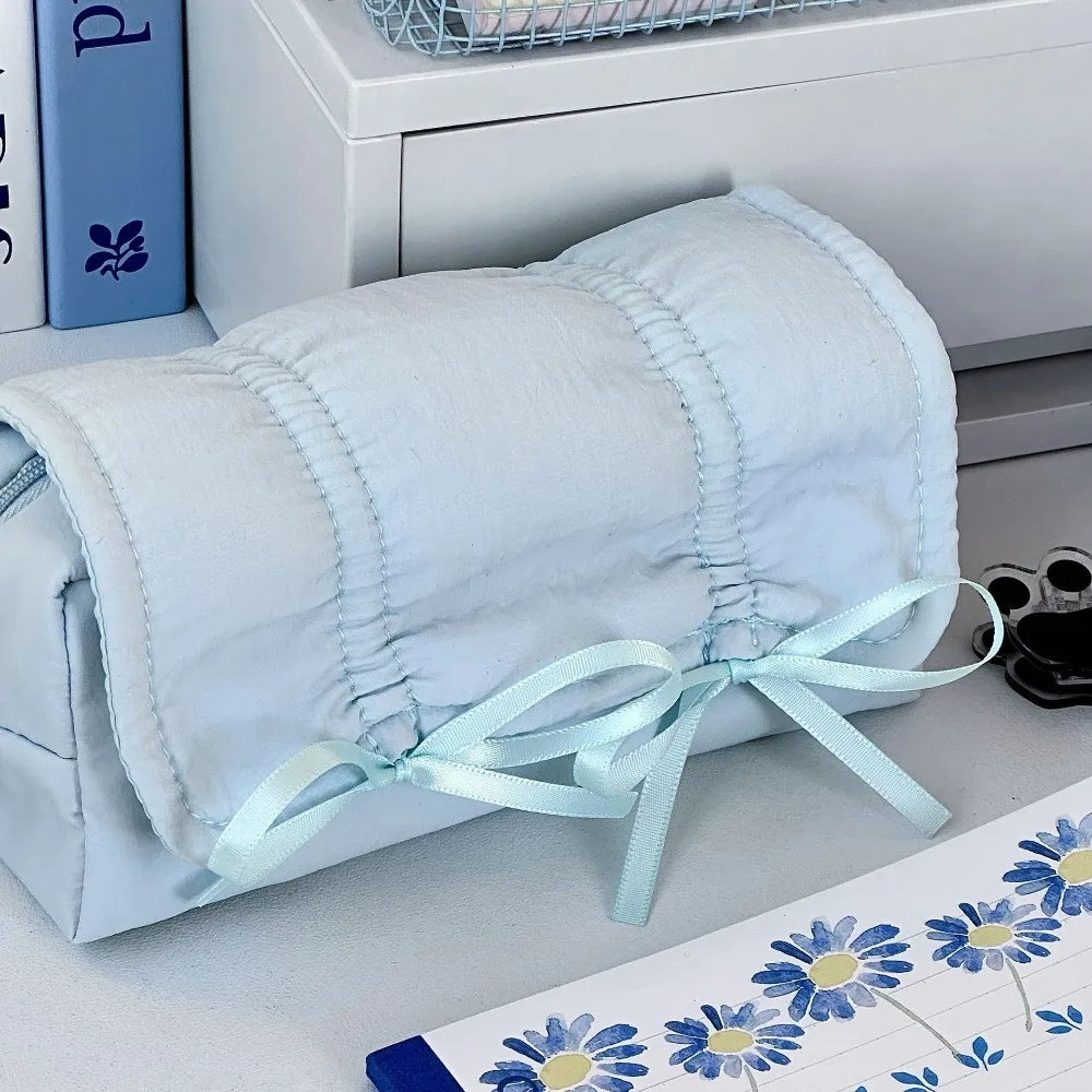 INS Bow Drawstring Pen Bag Large Capacity Ballet Style Solid Color Pencil Case Multi-functional Organizer Stationery Storage Bag