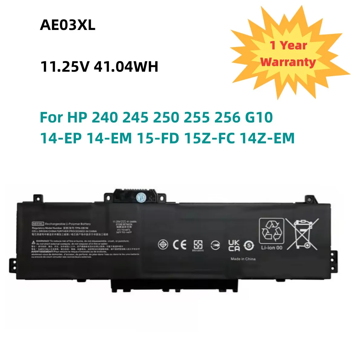 

11.25V 41.04WH AE03XL New Laptop Battery For HP 240 245 250 255 256 G10 14-EP 14-EM 15-FD 15Z-FC 14Z-EM HSTNN-OB3E N20951-AC1