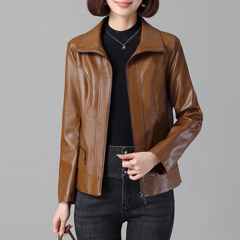 Plus 6XL Casual Black Split Sheepskin Jackets Women Long Sleeve Lapel Collar Zipper Coats Chic Ladies Slim Short Leather Jackets