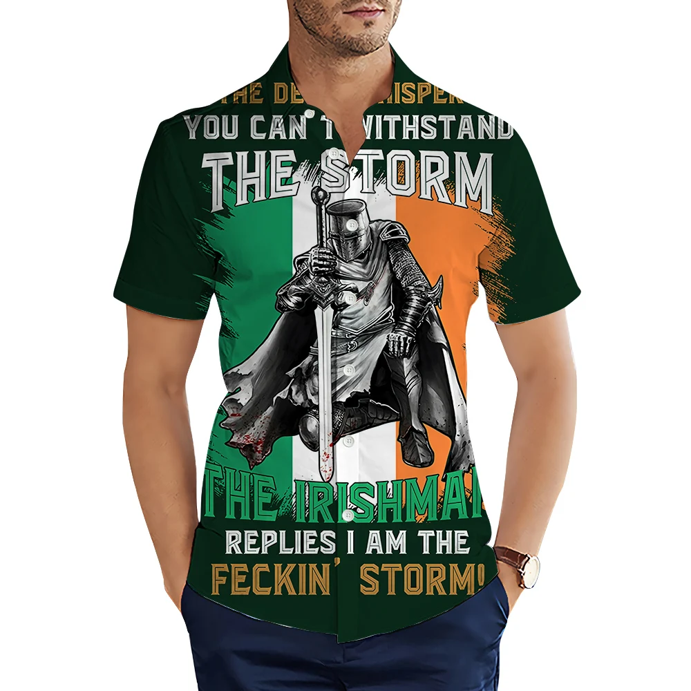 

HX St. Patrick's Day Men's Shirts Knights Templar Irish Flag 3D Printed Casual Shirt Summer Shirts for Men Clothing Camisas