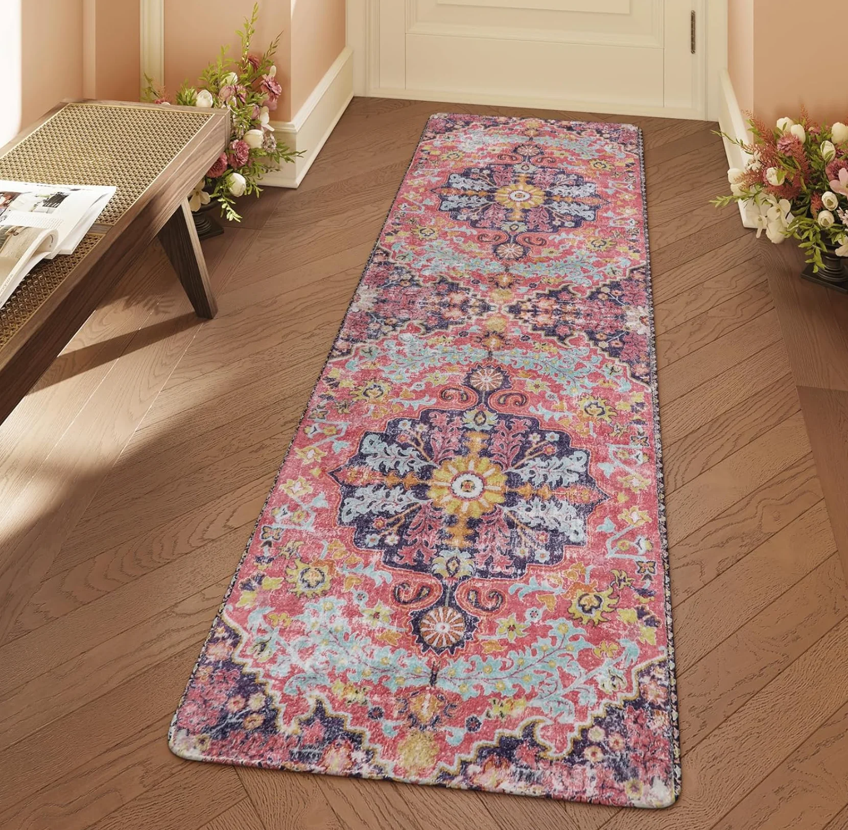 Vintage Long Runner Rug Non-Slip Washable Carpet for Kitchen Hallway Entryway Multiple Colors Floral Retro Boho Floor Mat