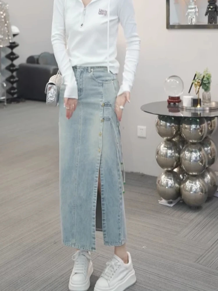 

Облегающая джинсовая юбка с разрезом, корейская юбка трапециевидной формы со средней талией, однотонная юбка-миди, офисная одежда, новое поступление лета