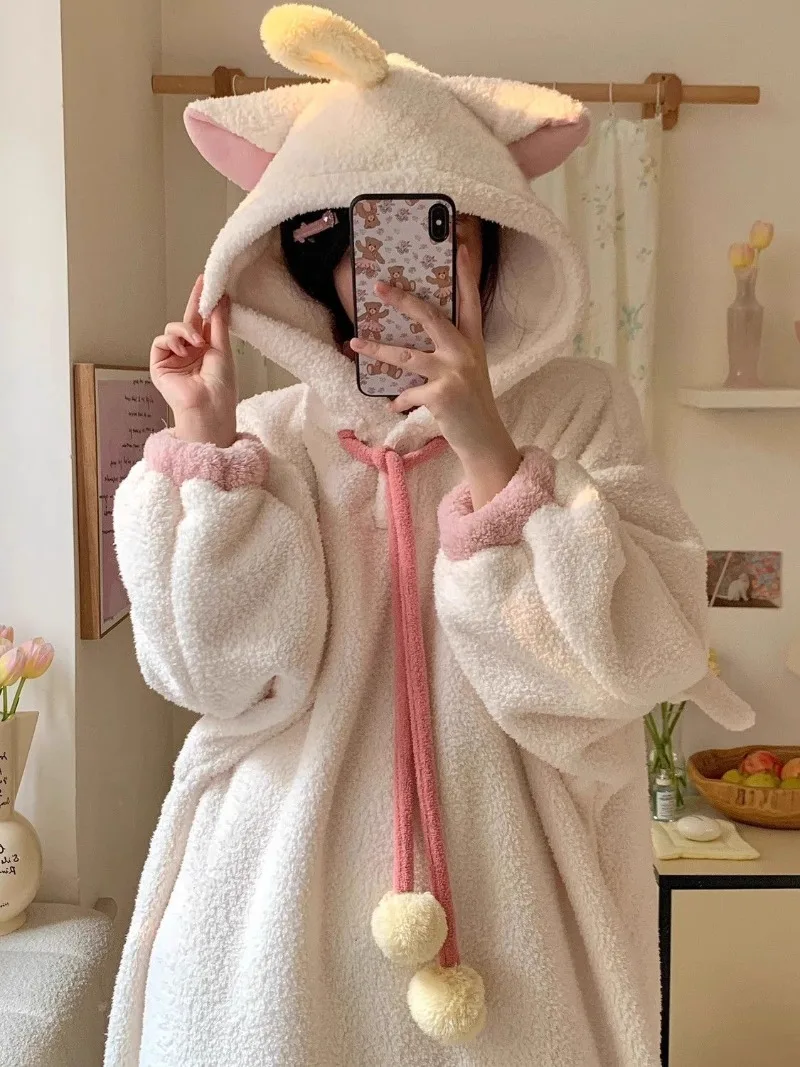 Korean Chic Hooded Coral Fleece Nightgown Women Sweet Baggy Warm Sleepwear Thicken Fashion Home All-match Kawaii Bathrobe Winter