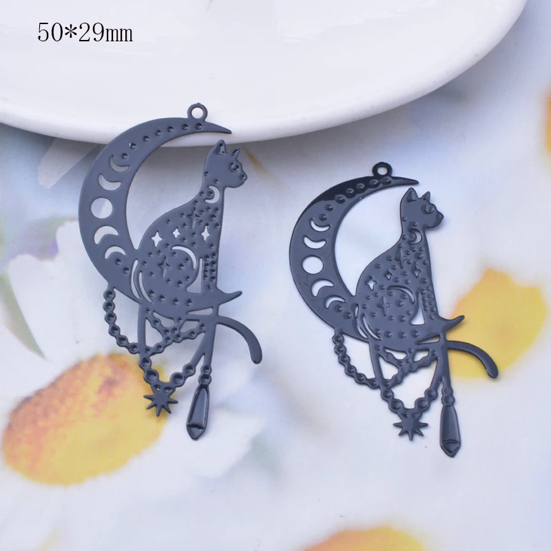 10 Stück Metall-Messing-Mond- und Katzenanhänger, schwarze dünne Anhänger für DIY-Schmuckherstellung, Ohrring-Zubehör – Detail 4