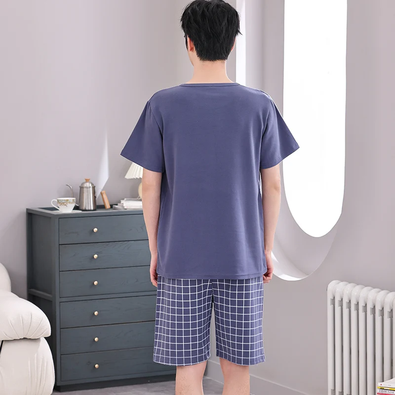 Big Size 4XL  Men Pajamas Set Summer Knited Cotton Short Sleeve Pyjamas Male Plaid Sleepwear