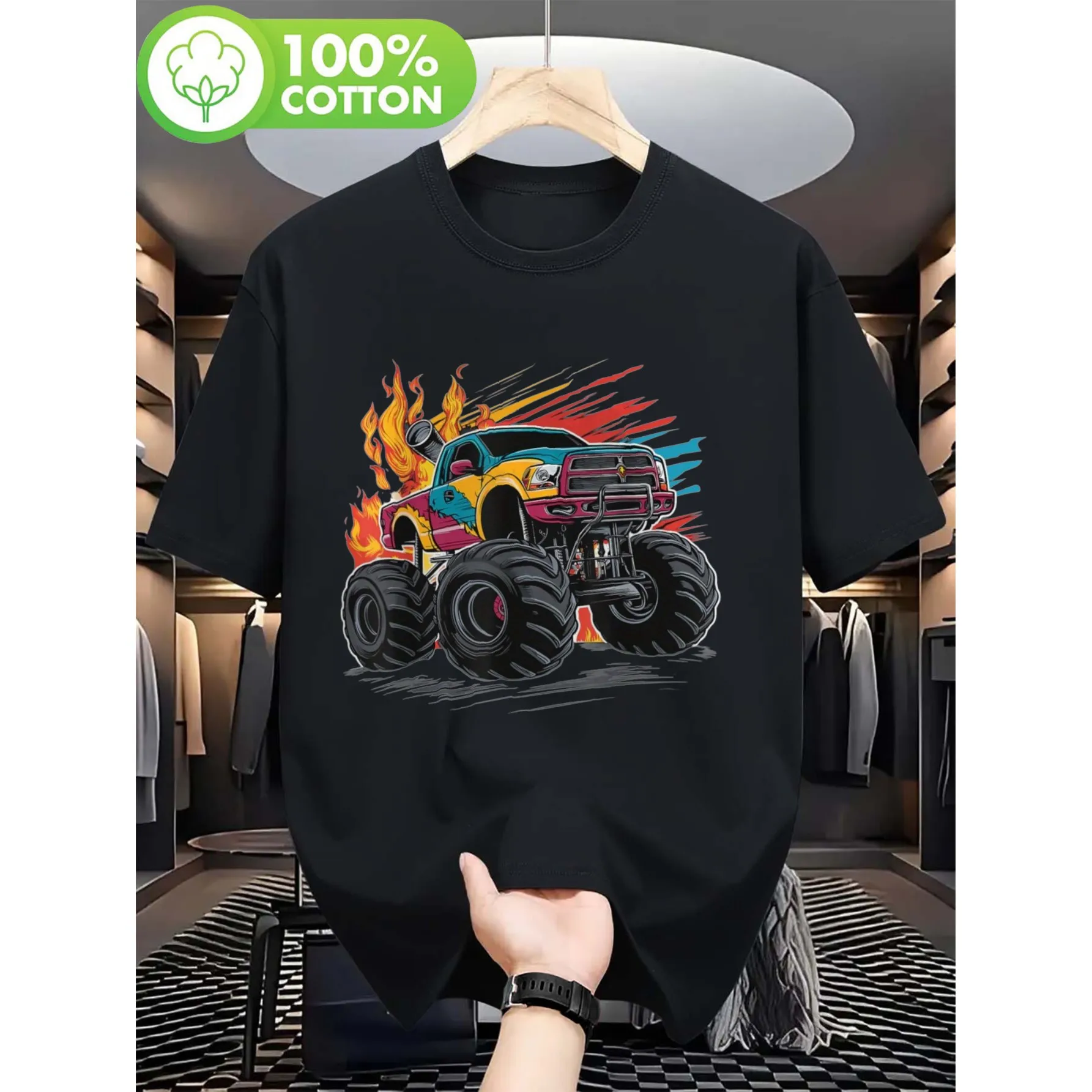 

Monster Truck Graphic Tee Breathable Cotton Short Sleeve T-Shirt for Adults Daily Wear