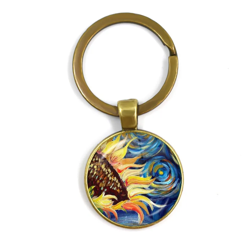 Van Gogh Almond Branch Flowering Art Keychian Sunflowers Art Vintage Bronze Glass Cabochon Key Rings Holder For Women Men Gift