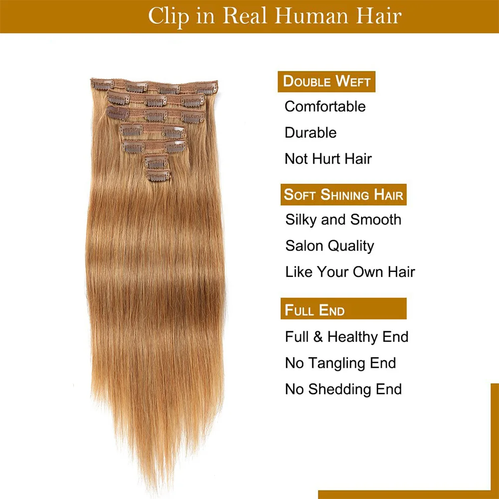 Clip In Hair Extensions Human Hair Brazilian Straight Caramel Blonde Color 27# Skin Weft Seamless Invisible 100% Remy Hair