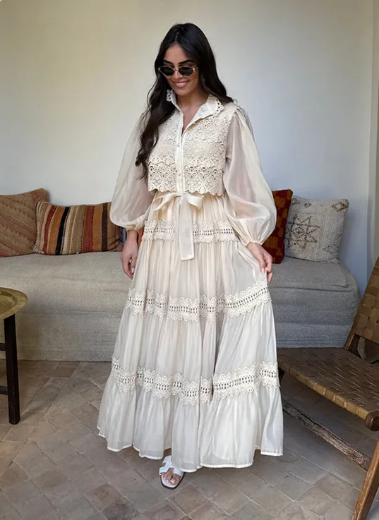 YENKYE 2025 Donne Patchwork di Pizzo Grande Altalena Camicia Lunga Abito Moda Falso 2 Pezzi Eleganti Abiti Autunnali Partito Maxi Abiti