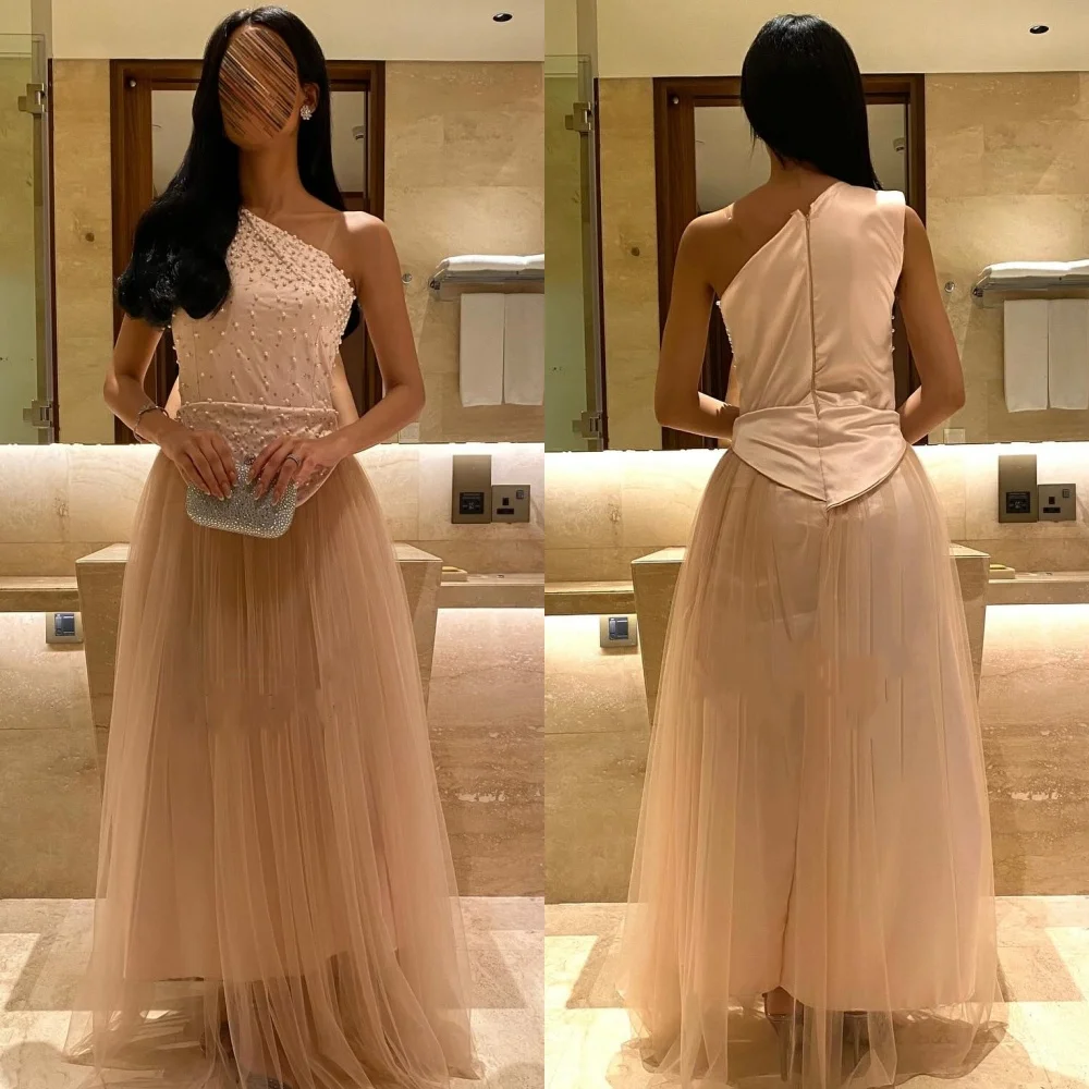 

Customized High Quality Fashion Tulle Beading Pleat Straight One-shoulder Long Dresses Bespoke Occasion Dresses Sizes Available
