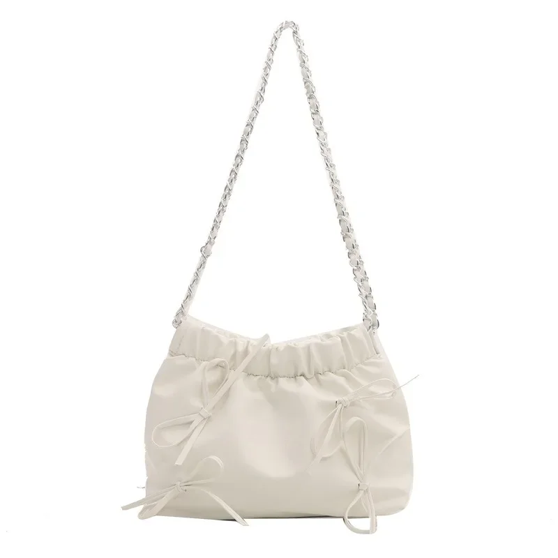 Korean Chic Sweet Shoulder Bag for Girl  Casual Cute Fashion Bow Solid Color Bucket Bag Commuter School Girl Tote HandBag image 5
