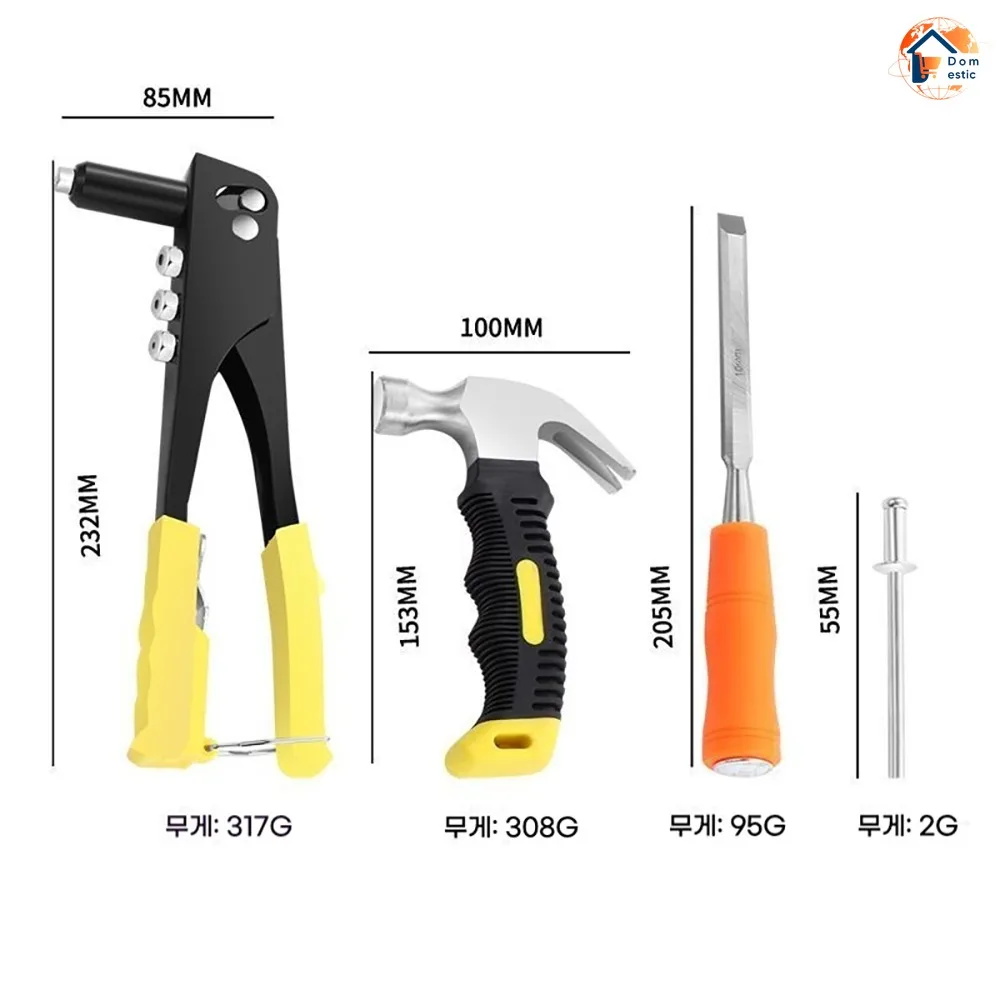 Pistola per rivetti Rivetti ciechi Kit di assortimento Utensili manuali Strumento per dadi per rivetti Pistola per rivetti per unghie piccola per uso domestico Pinze per chiodi da 10 pollici