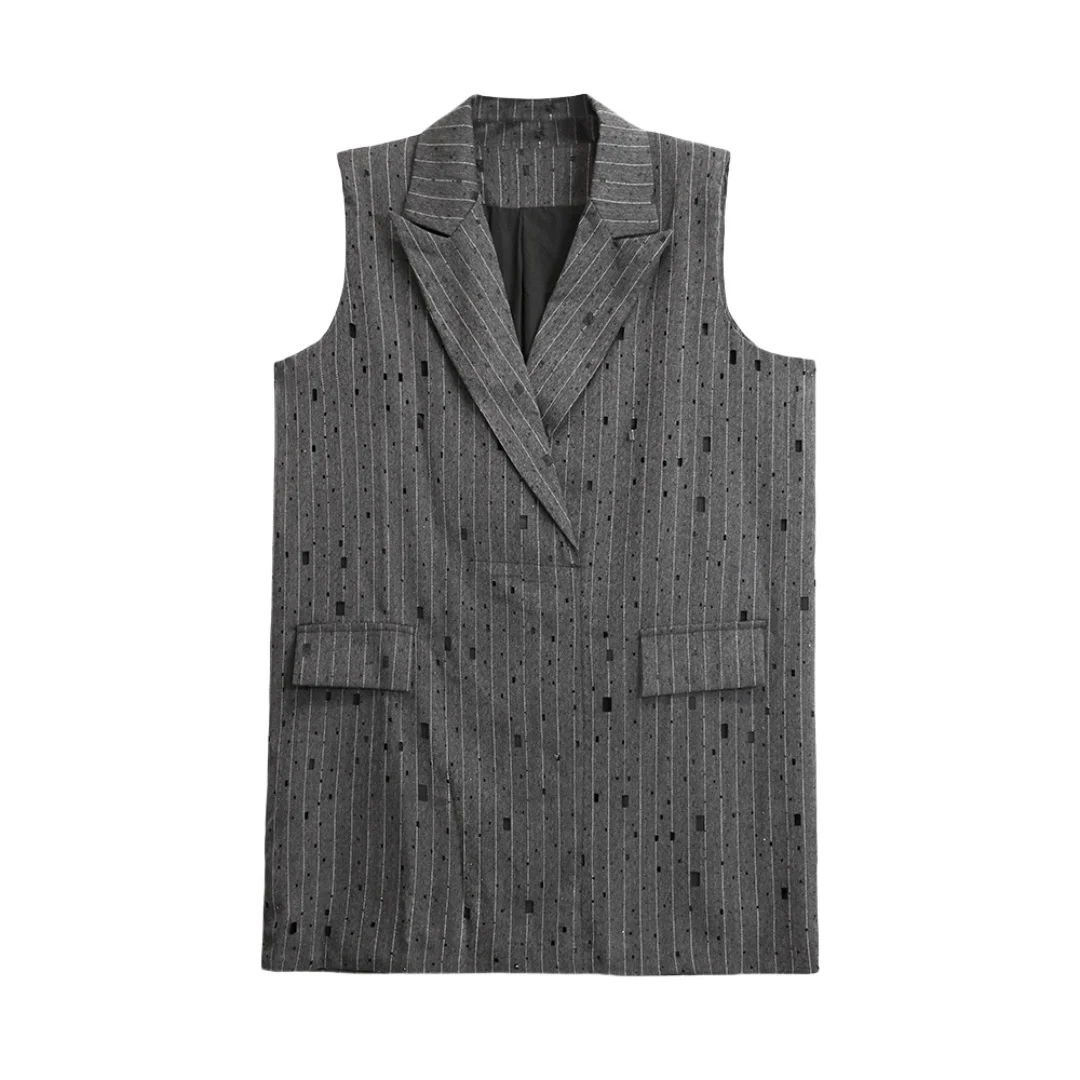 2025 Spring Niche Designer Women's Vest  Hong Kong Style Ripped Rhinestone Striped  Loose Mid Length Blazer Dress
