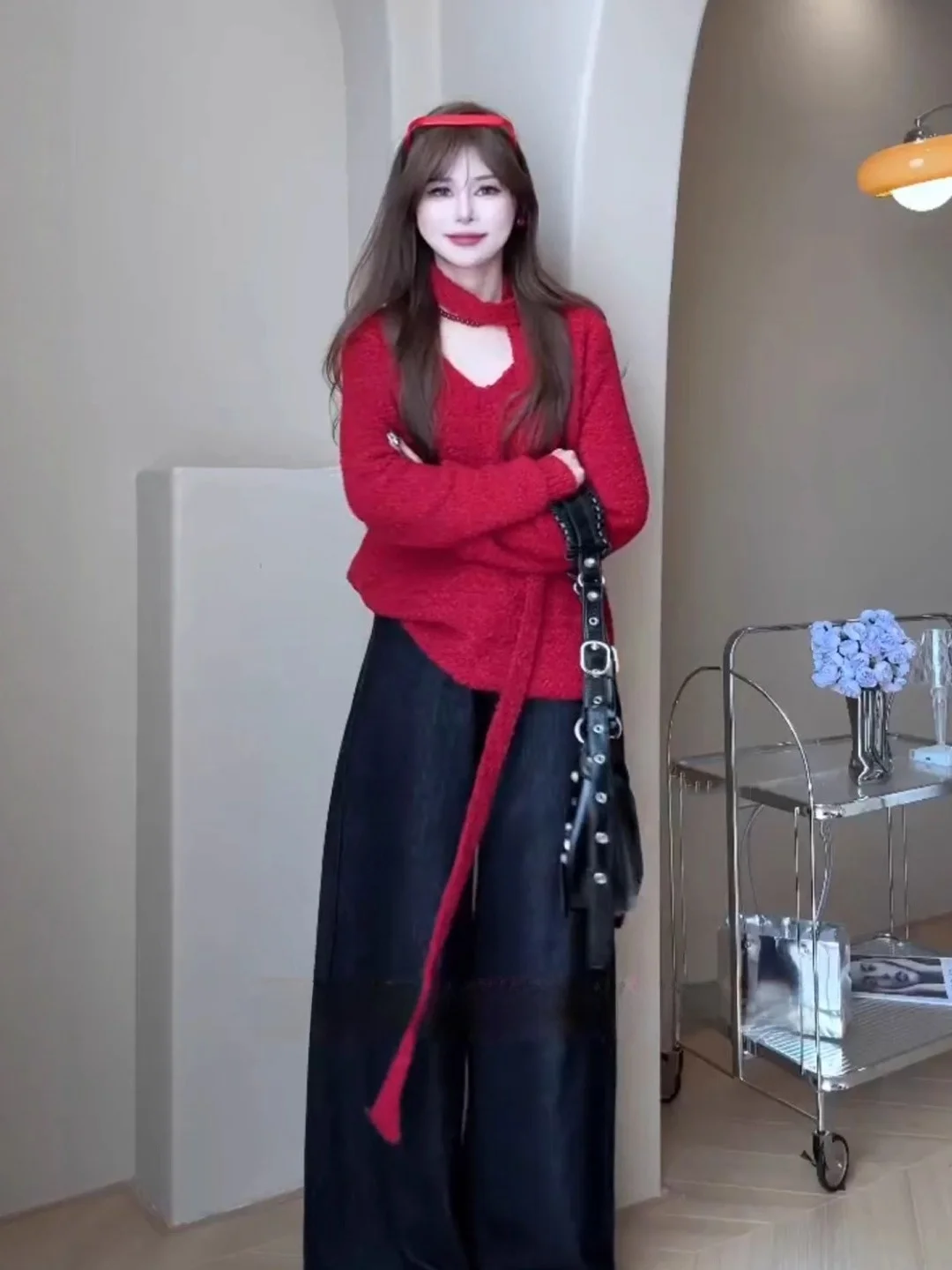 Laid-ba Red V-ne Sweater Women's Autumn Winter Hanging Ne Drifting Belt Knitted irt Unique Casual Very Attractive Top